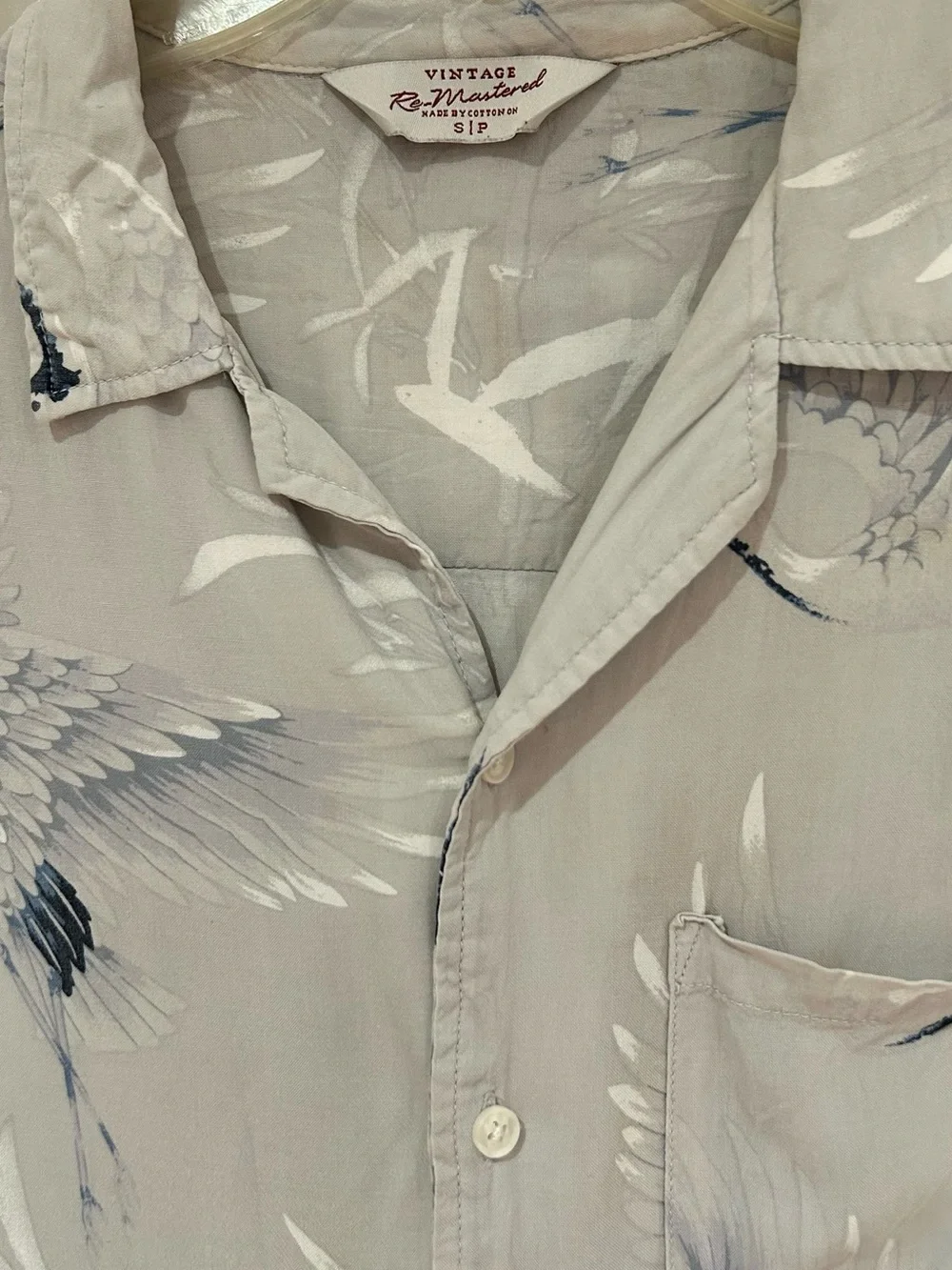 Vintage Remastered by Cotton On Gray Japanese Crane Print Short-Sleeve Shirt, S